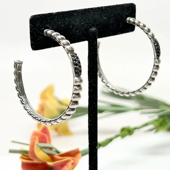 John Hardy Bedeg Lava Black Sapphire Hoop Earrings .925 - Picture 4 of 9